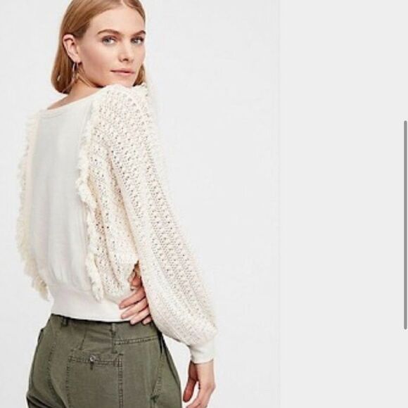 Free People Faff & Fringe Pullover Sweater Cream Crotchet - Picture 4 of 14